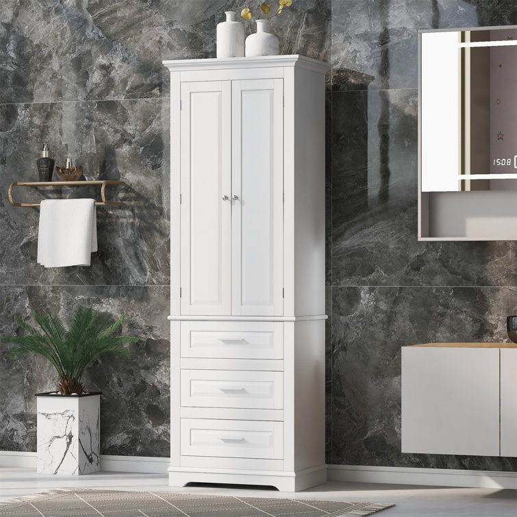 Tall white storage cabinet with outlet drawers